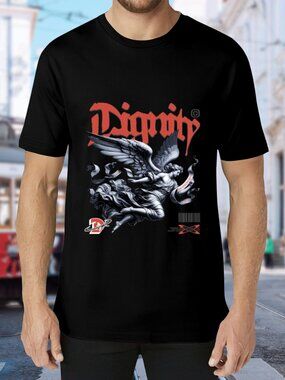 Black Graphic Tee with Red 'Diggity' Logo and Angel Print
